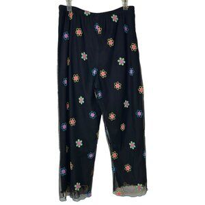 Vintage 90s F.L. Malik Floral Embroidered Mesh Black‎ Pants Women's Size Medium